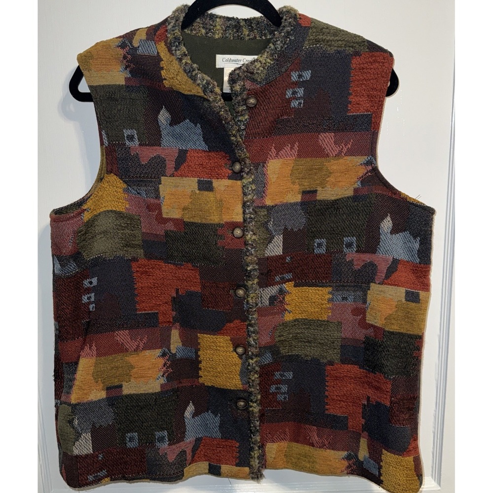 Coldwater Creek Tapestry Patchwork Vest Womens XL Western Boho Chenille Woven